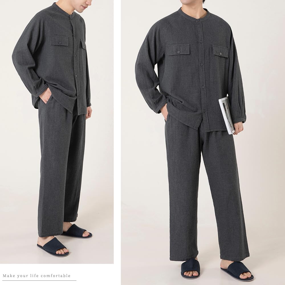 Yes Family Double Gauze Pajama Long Front Size Dark Gray Men's Set, Yarn-Dyed Gauze, 100% Cotton, Sleeves, Opening, Loungewear, XL,