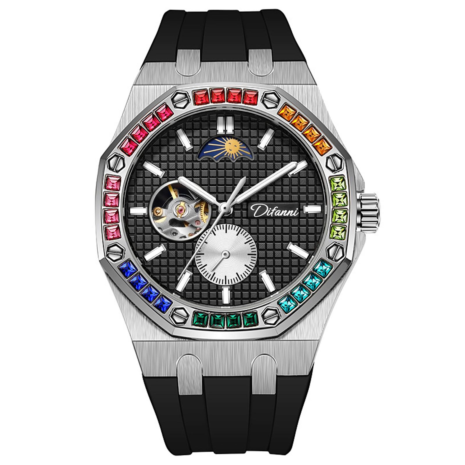 

Модные часы для отдыха, спорта, бизнеса, механические часы с радужным бриллиантом, силиконовый ремень, водонепроницаемые мужские автоматические часы Silicone band чёрный