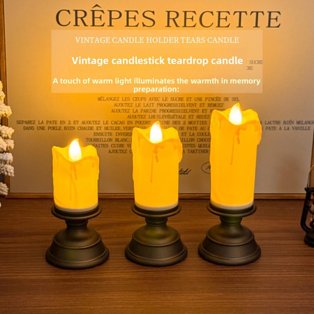 Simulation Electronic Candle with Wax Drip Effect Flameless Led Candle Holder Night Light Ornaments