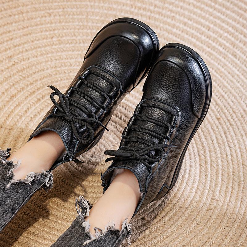 Winter New Leather Wool Martin Boots Casual Versatile Thickened Velvet Non-slip Flat Cotton Shoes Women's Short Boots