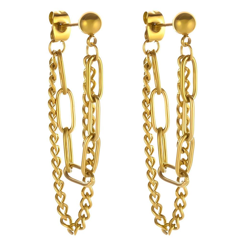 18K Gold-Plated Double Layer Chain Back-Hanging Stud Earrings for Women, Titanium Steel, European and American Style.