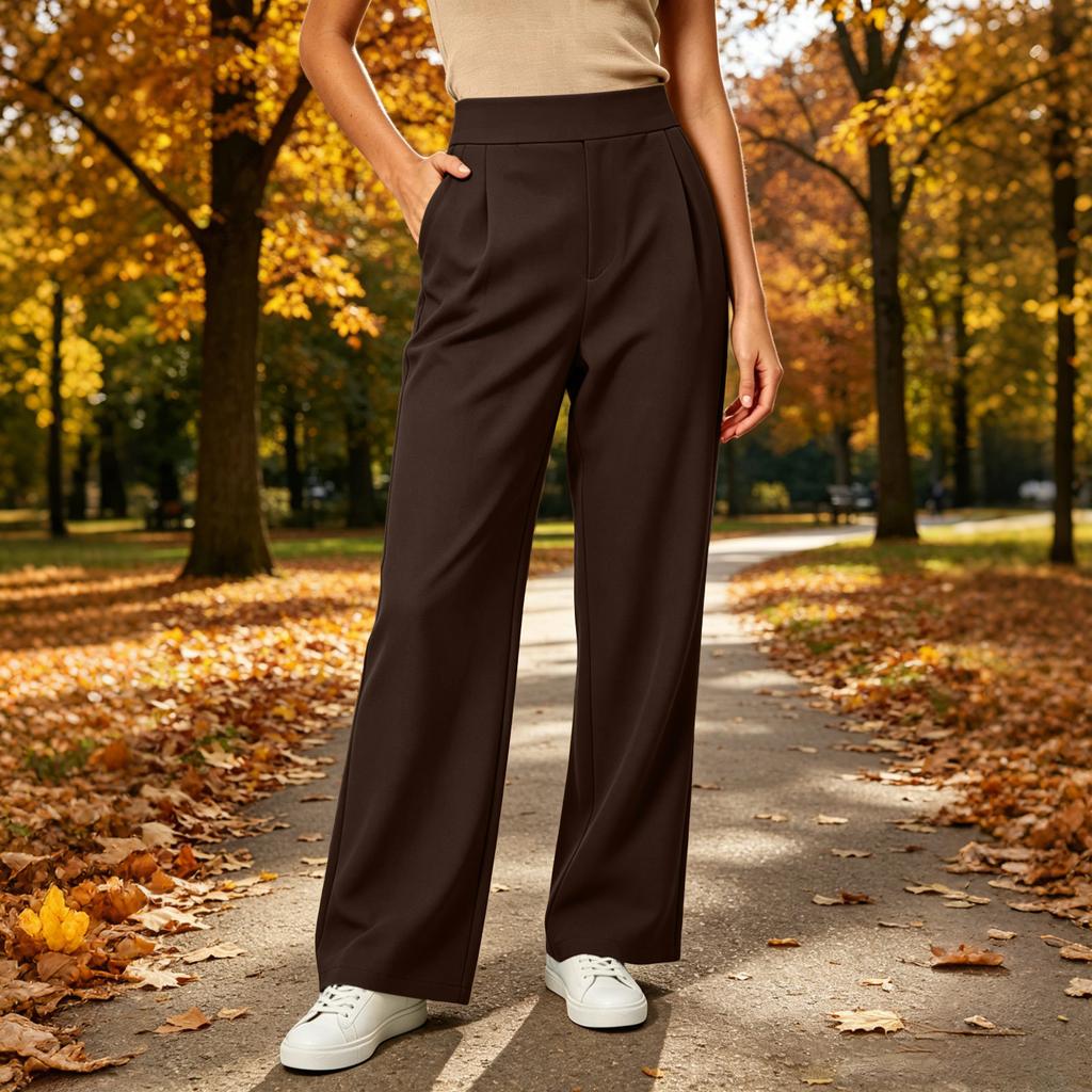Women's High Waisted Pleated Wide Leg Pants - Loose Fit Stretch Lined Trousers