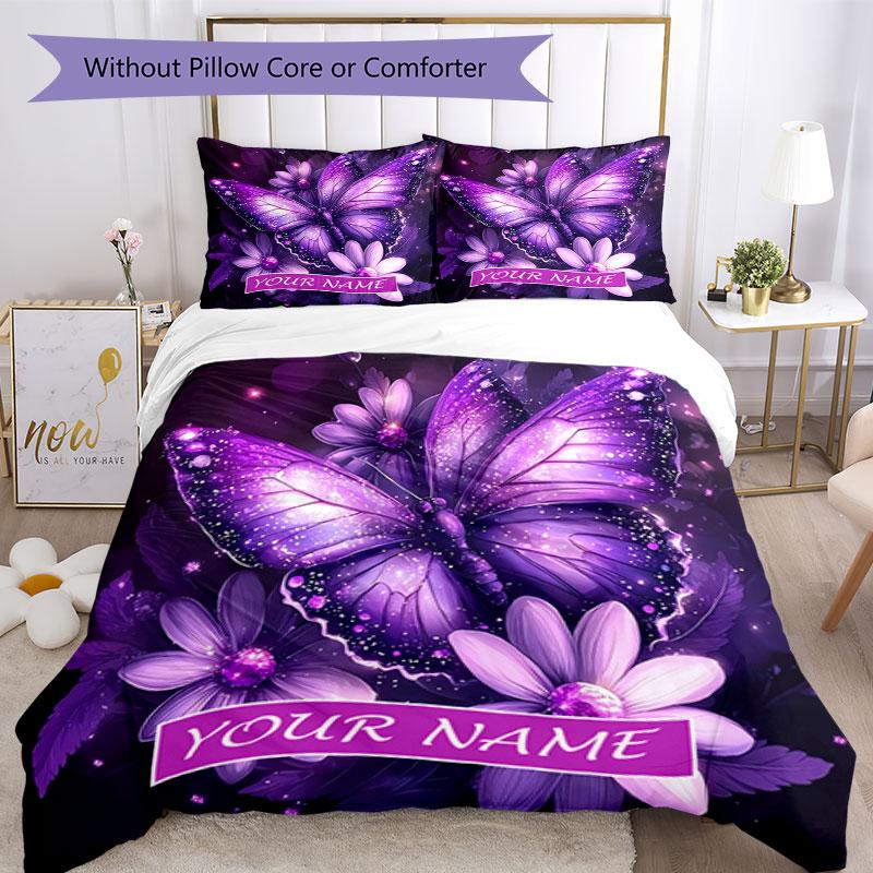 3pcs Custom Name Purple Butterfly Fantasy Bedding Set Printed Bedding Set Duvet Cover Closure Includes 1 Duvet Cover & 2 Pillowcases Bedroom Decor