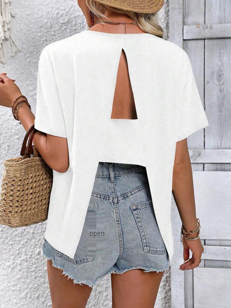 Women's Solid Color Round Neck Short Sleeve Casual T-shirt with Back Slit