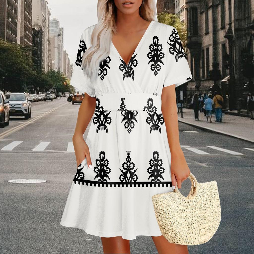 A Summer Short-sleeved Casual V-neck Floral Pocket Dress For Women