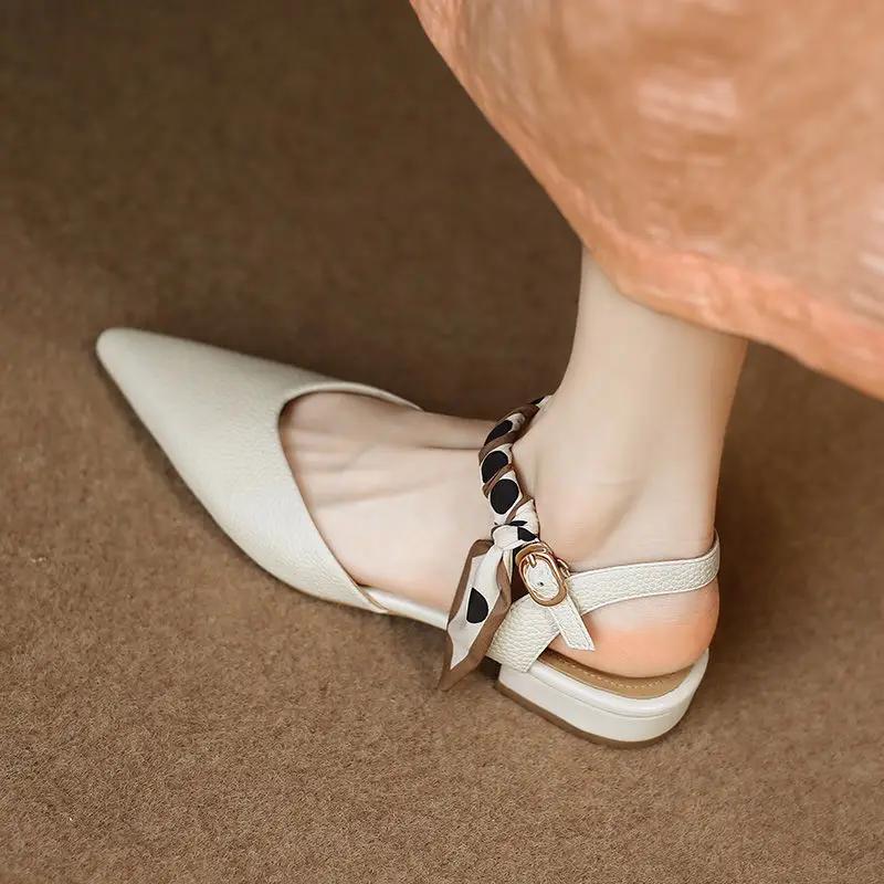 Fashion Summer 2024 Sandals for Women Office Work Outdoor Leather Pointed Toe Flat Rubber Buckles with Low Heels White No Heel Footwear