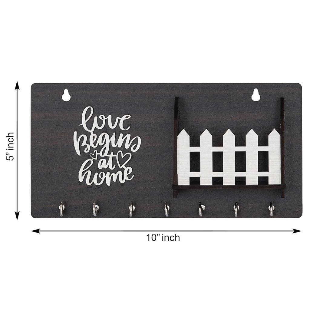 Designer-Wandregal aus Holz mit matter Oberfläche, Schlüsselhalter mit 7 Schlüsselhaken (Braun) (LiebeBeginntZuhause)