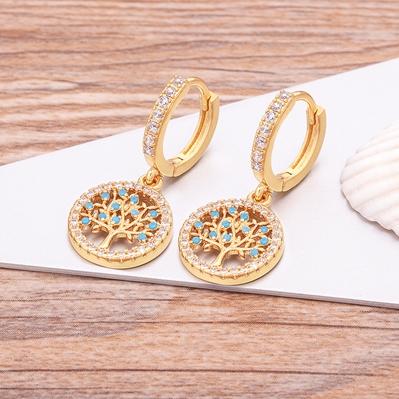Nidin Fashion Classic Tree of Life Drop Earrings For Women Girl Female Copper CZ Lucky Party Birthday Jewelry Hoop Earrings Gift
