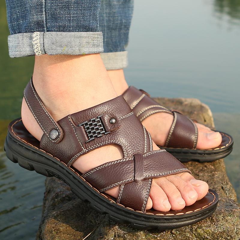 Fashion Summer Men's Brand Soft and Breathable Men's Sandals Black Leather Sandals Men's Outdoor Brown Beach Sandals for Men