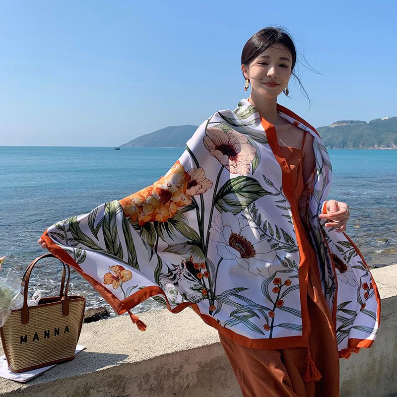 New Summer Elegant Women Silk Scarf Beach Wrap Shawl Floral Print Sunscreen Bandana Hijab Mujer Bohemian Musulman Scarve Pareo