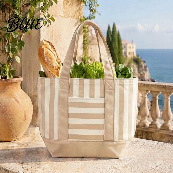Sac fourre-tout élégant en toile rayée Réutilisable pour les courses Grande capacité Poche avant Sac à bandoulière pour le shopping Pique-nique Trajets Quotidien