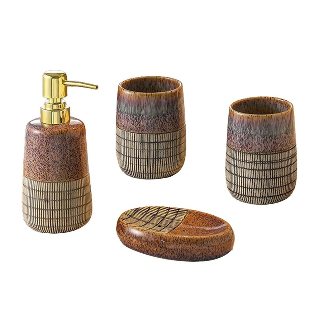 4-Piece Ceramic Bathroom Accessory Set with Tumbler, Lotion Dispenser, and Soap Dish, Stylish Home Decor