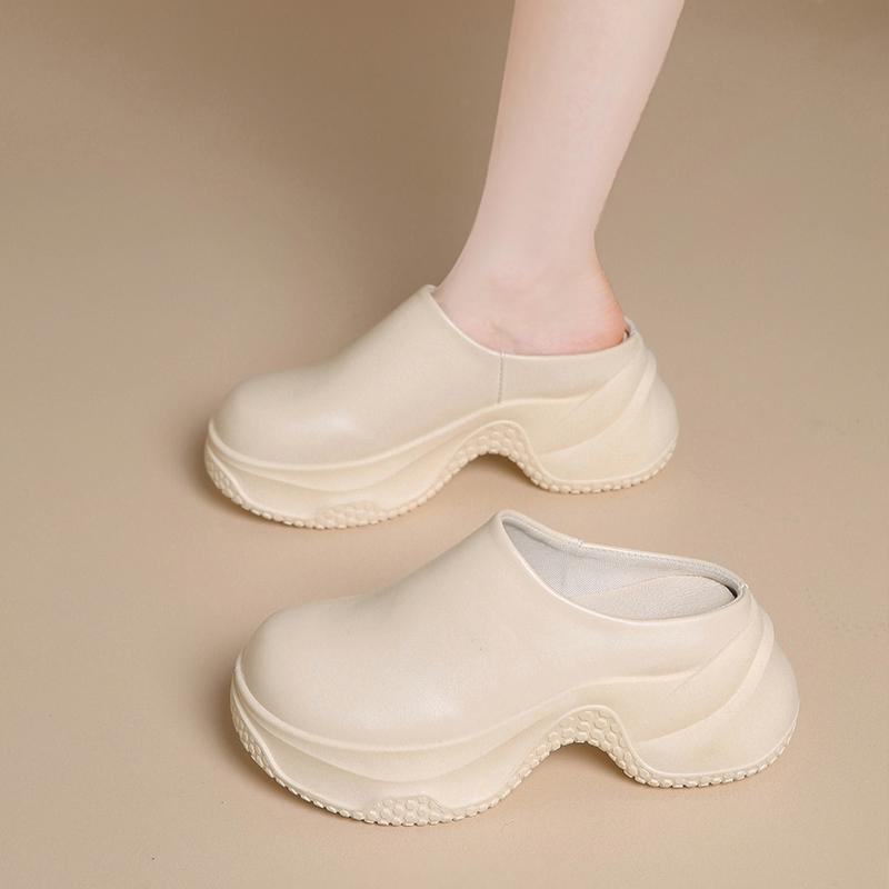 

Баотоу Полутапочки Женские Новые Мягкая Кожа Платформа Круглый Носок Маленькая Водная Платформа Увеличенные Ленивые Шлепанцы 35