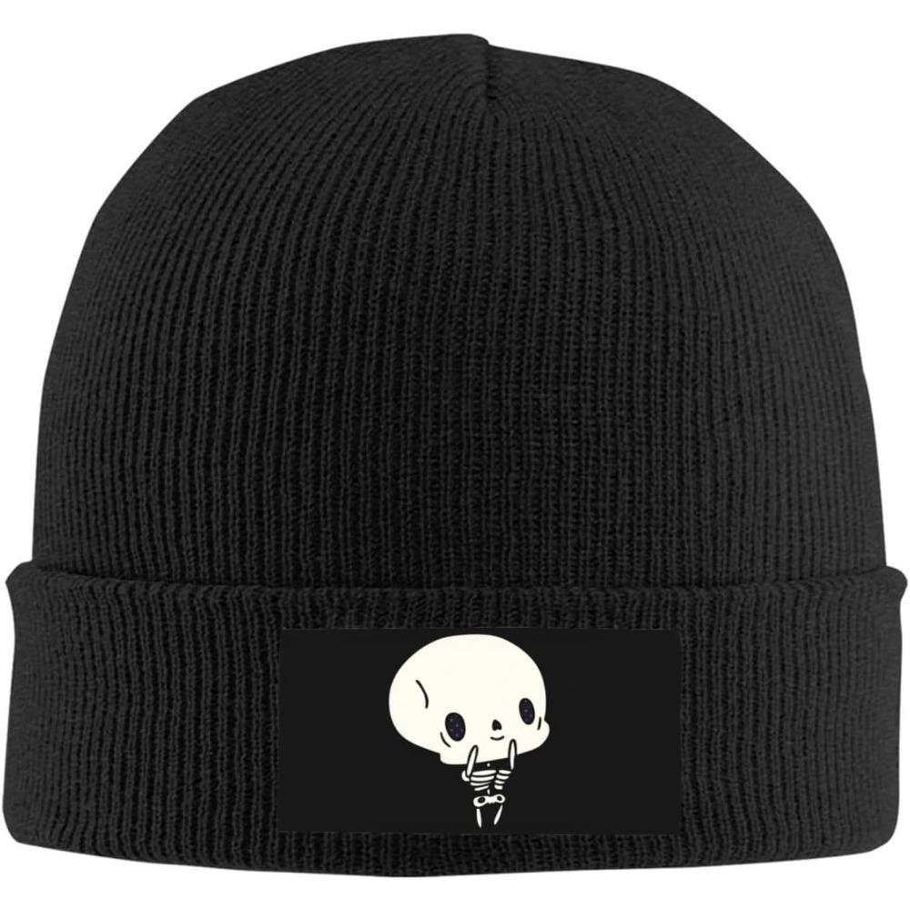 Schwarze Strickmütze Mit Niedlichem Skelett-Aufnäher Winter Warme Mütze Für Unisex Damen Lustiger Gotischer Totenkopf-Print Beanie