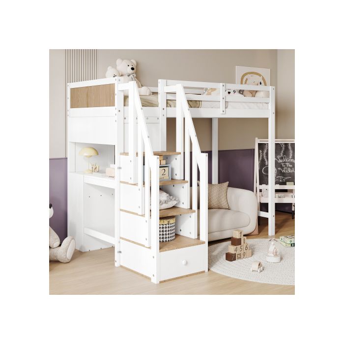 Lit superposé, lit d'enfant avec barrières anti-basculement couleur choc, bureau avec 3 tiroirs, 4 étagères, étagères ouvertes