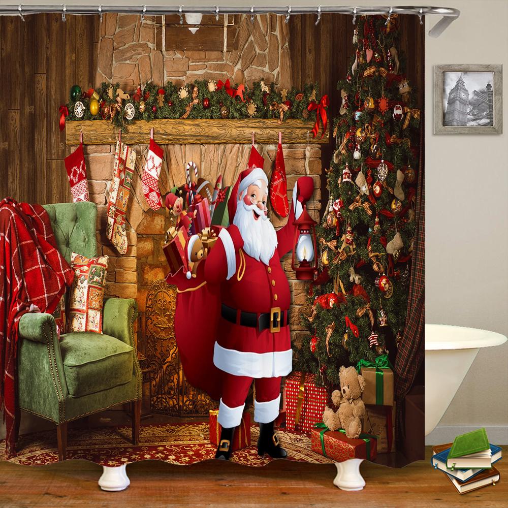 Frohe Weihnachten Duschvorhänge 3D Badvorhänge Schneemann Weihnachtsmann Baum Hirsch Dekorativer Polyesterstoff 180*240Cm Sichtschutz