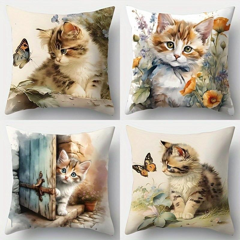 Cute Kittens With Butterflies Floral Pillow Covers Pattern Cushion Cover Suitable For Sofa Bedroom Car Pillow Cover