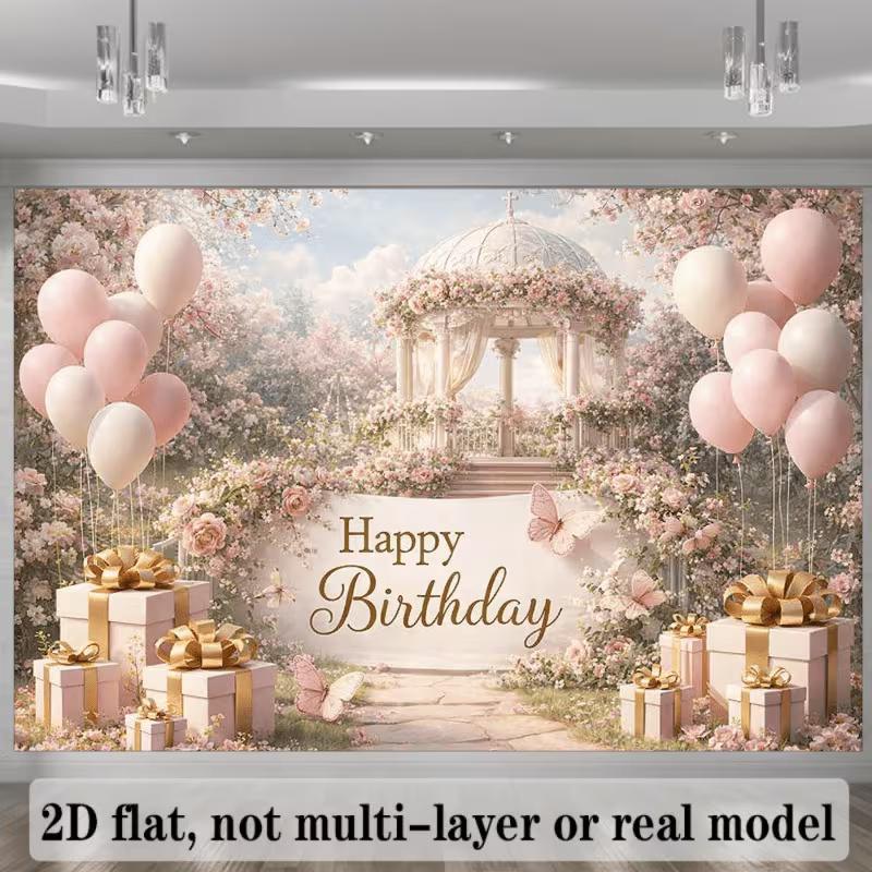 

2D Blush Pink Floral Garden Happy Birthday Backdrop Banner Photography Background Party Decor 47.2x31.5inch/120*80cm
