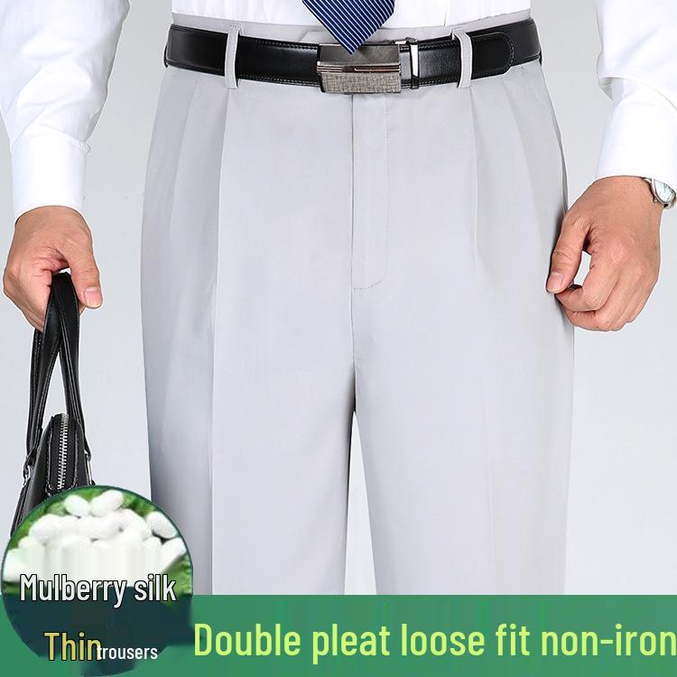 Men's Summer Mulberry Silk Dress Pants: Double Pleated, Loose Fit, Straight Leg, High Waist, Deep Crotch.