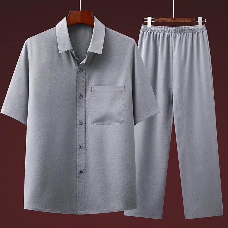 Men's Cotton Linen Short Sleeve Shirt & Suit Set - Casual Summer Wear for Middle-Aged and Elderly
