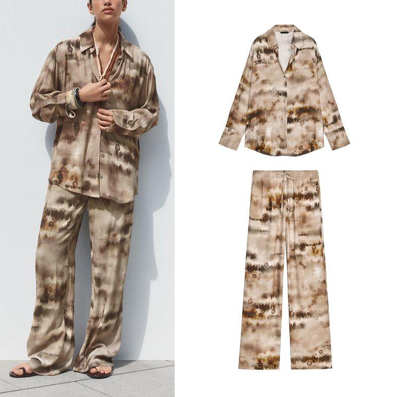 Tie-Dye Stylish Temperament Long Sleeves Lapel Shirt 8372118 High Waist Straight-leg Tie-Dye Pants 8372018