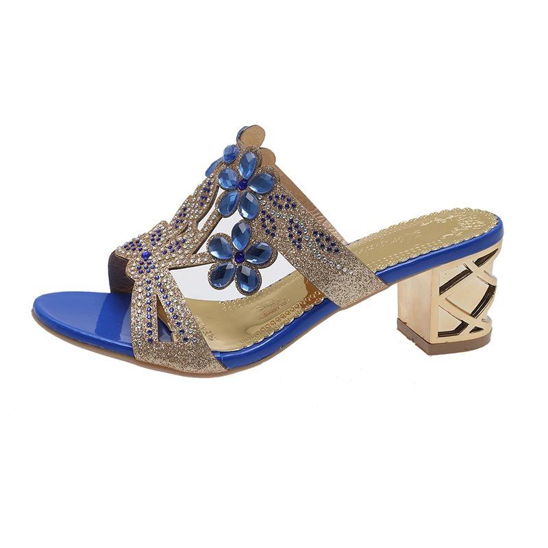 Sandale de vară pentru femei cu toc gros și vârf pătrat, tip slip, cu detaliu cataramă florală, încălțăminte casual elegantă franceză, respirabilă și ușoară.
