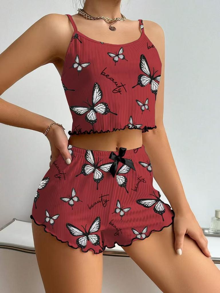 Women’s Fashion Butterfly Print Ribbed Cami Top and Shorts Two-Piece Pajama Set Comfortable Loungewear