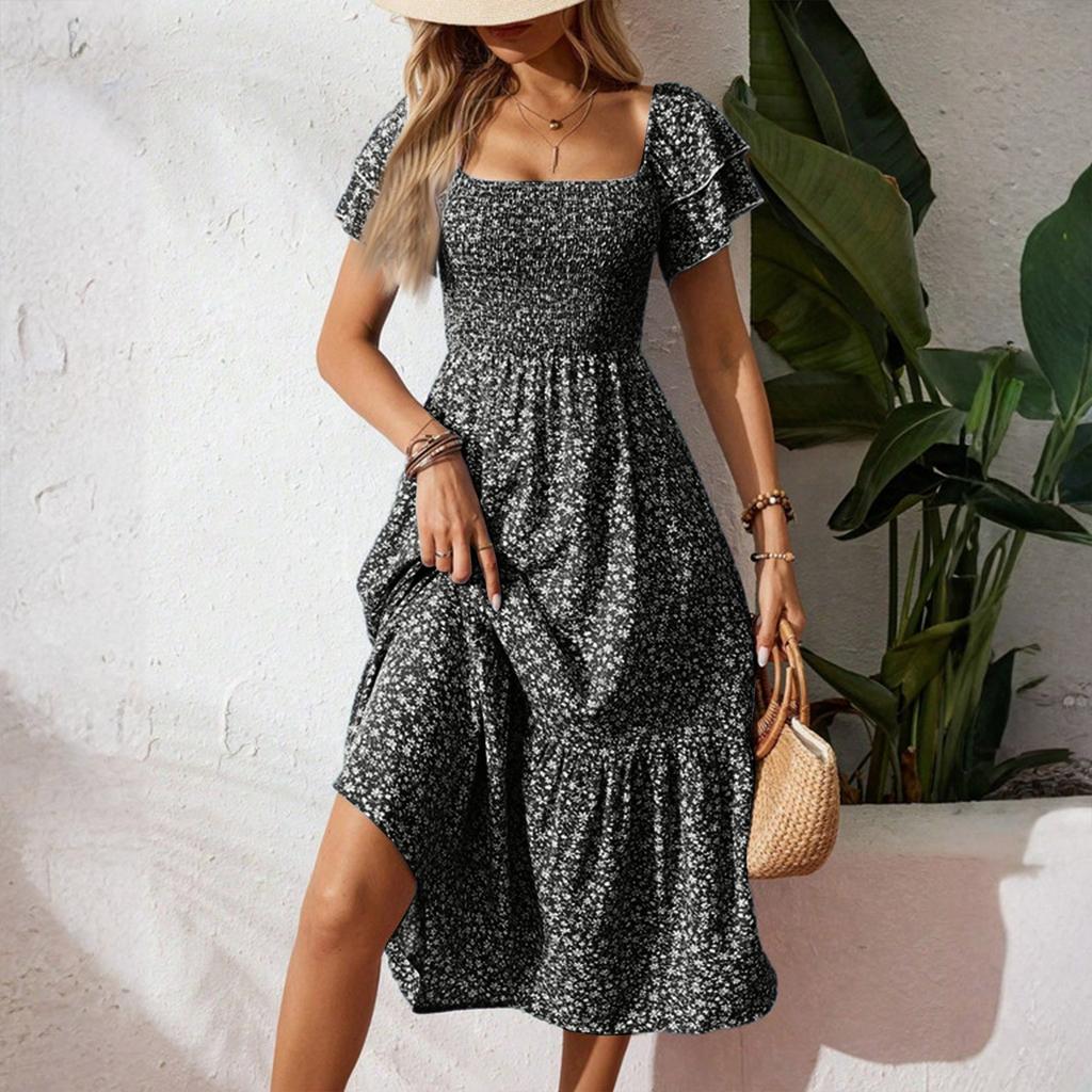 Women's Loose Casual Square Neck Puff Sleeve Floral Dress Long Skirt