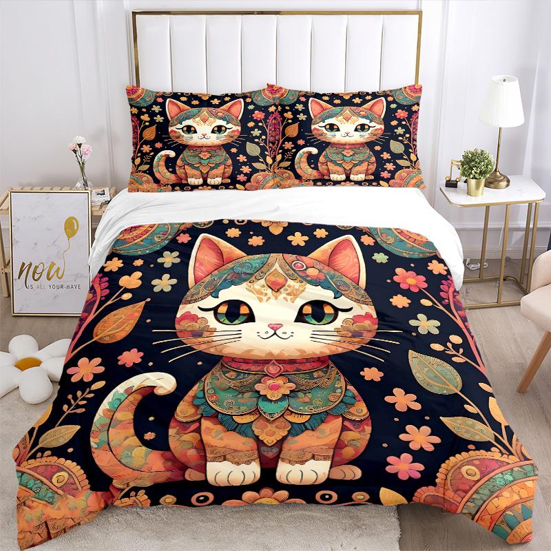 3pcs Colorful Floral Cat Bedding Set - 1 Soft Quilt Cover + 2 Pillowcases, Machine Washable - Suitable for All Seasons, Perfect Gift for Family a