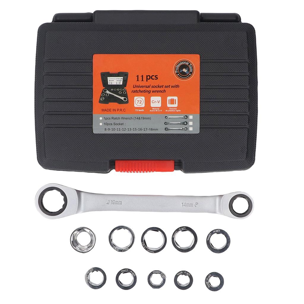 Ratchet Wrench Set 72 Teeth Double Head Box End Multifunctional Torsion Wrench Combination Kit with 10 Replacement Heads