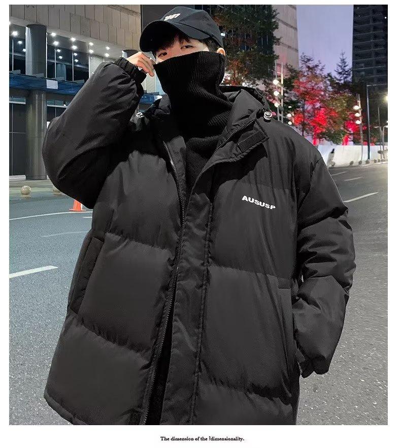 Hong Kong Style Men’s Thick Winter Stand Collar Jacket – Loose Fit, Solid Color, Printed Trendy Design