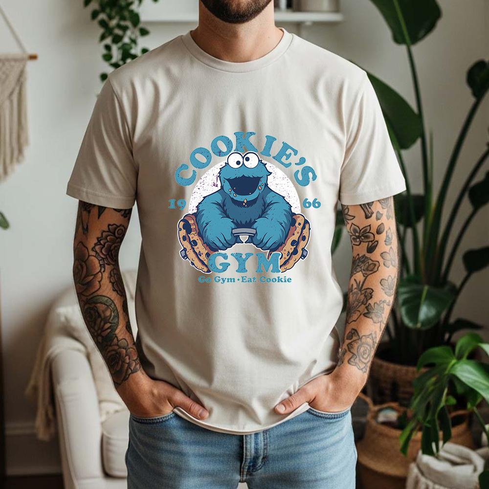 2026 Summer 100 Cotton CookieS Gym Graphic Oversized Tee Cookie Monster 1966 Retro Funny Cartoon Themed Short Sleeve