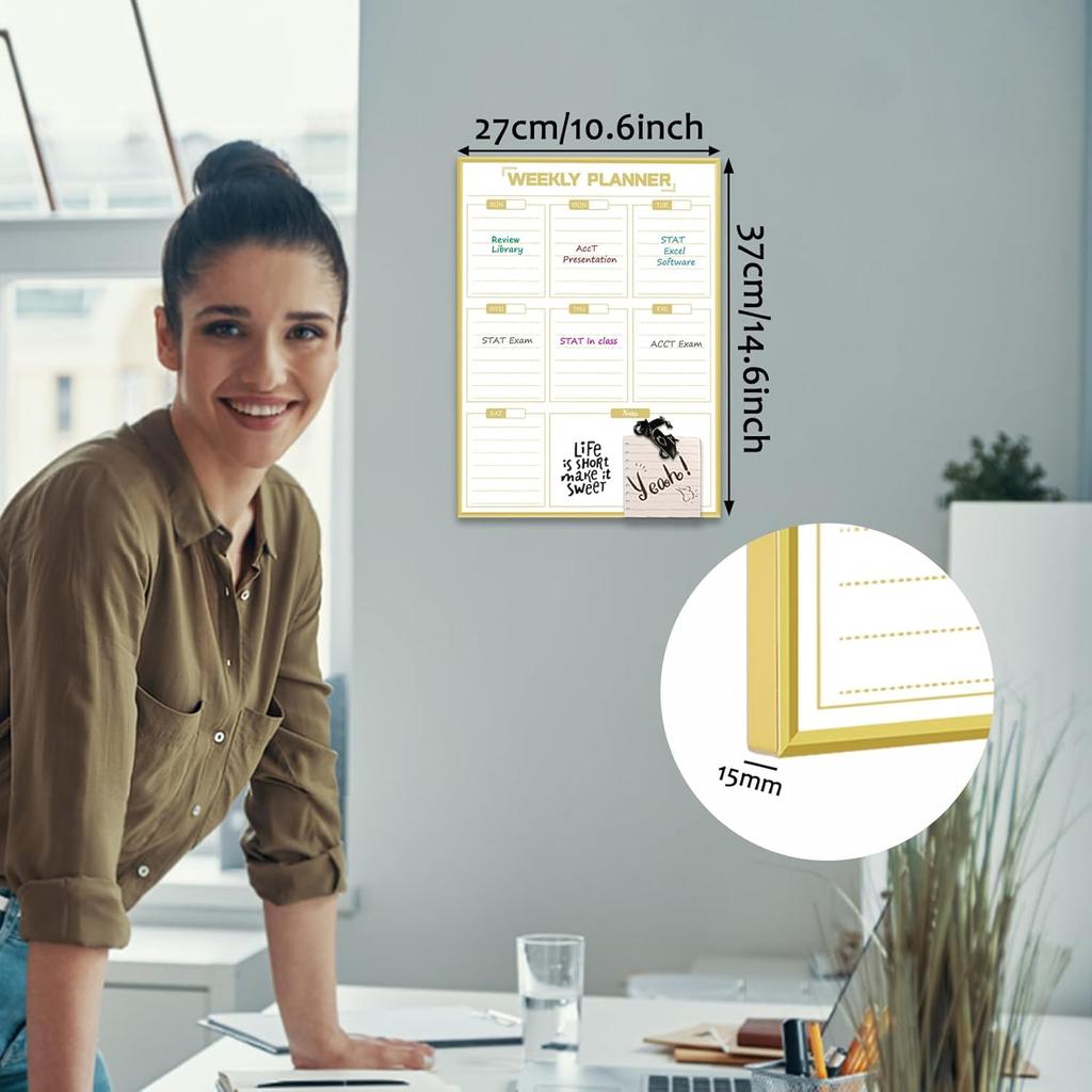 Dry Erase White Board Weekly Calendar Board, Magnetic Whiteboard for Wall,Gold Aluminum Frame Message Board,Vertical, Planner Board for Office, Home,