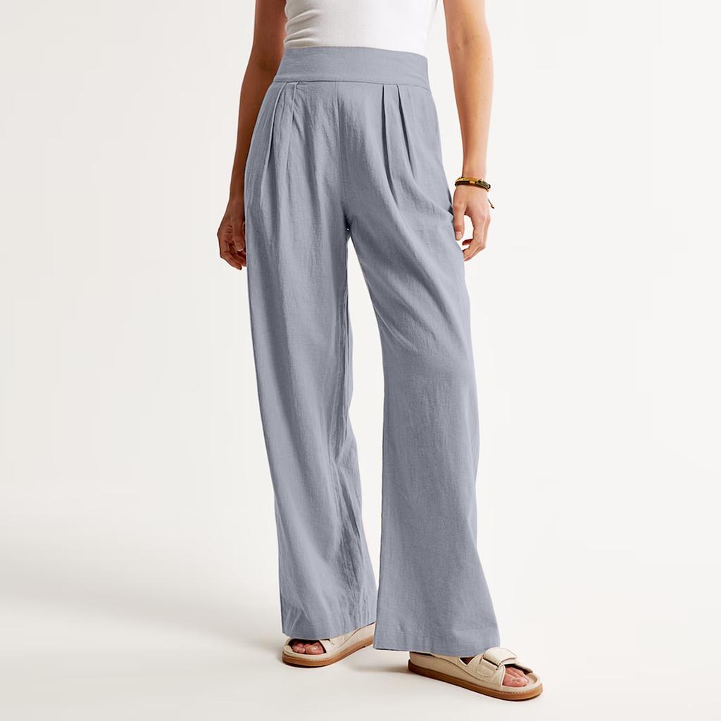 Women'S Summer Linen Blend Ultra Wide-Leg Pant Long Slacks High Waist Trousers Pocket