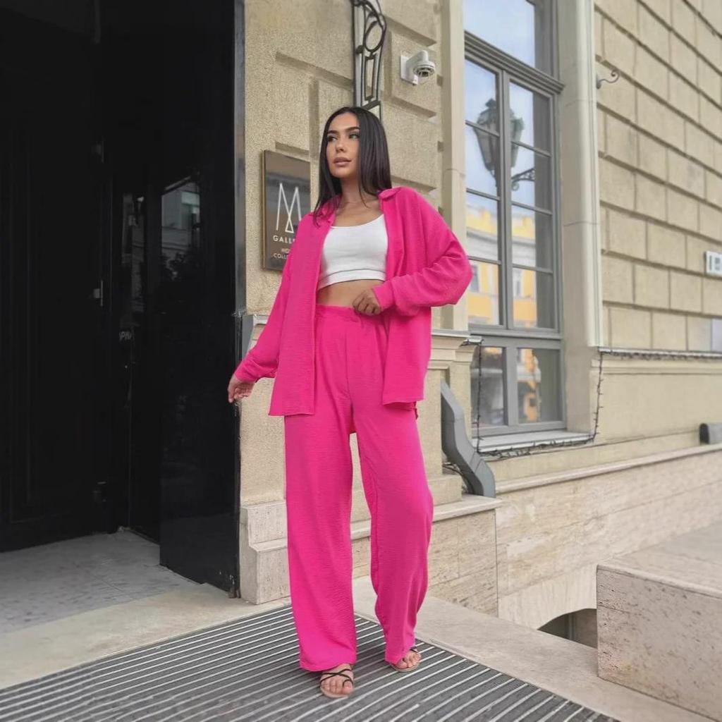 European & American Style Solid Color Lapel Long Sleeve Shirt with Casual Pants Two-Piece Set for Autumn 2025