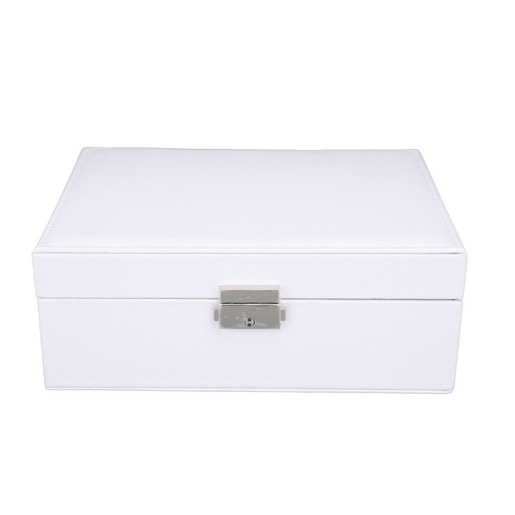 Jewelry Storage Box White Wood Large Capacity 2 Layer Multiple Compartments PU Leather Portable