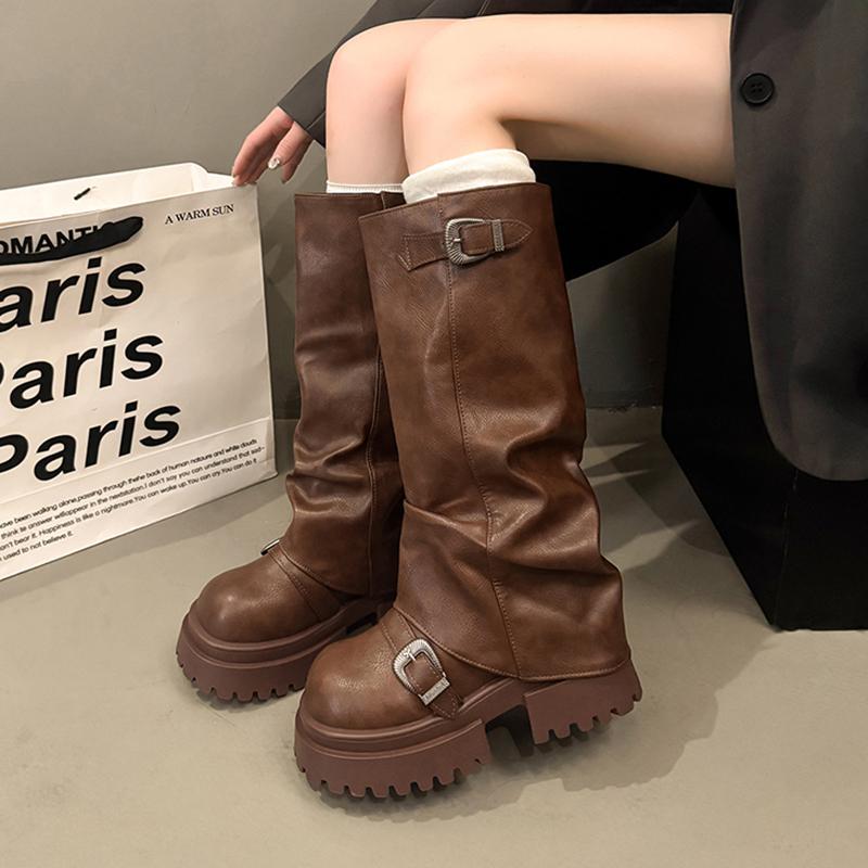 Fashion Chunky Platform Y2K Long Boots Women 2025 Winter Punk Metal Belt Buckle Thick Bottom Knee High Boots New Designer Shoes Female