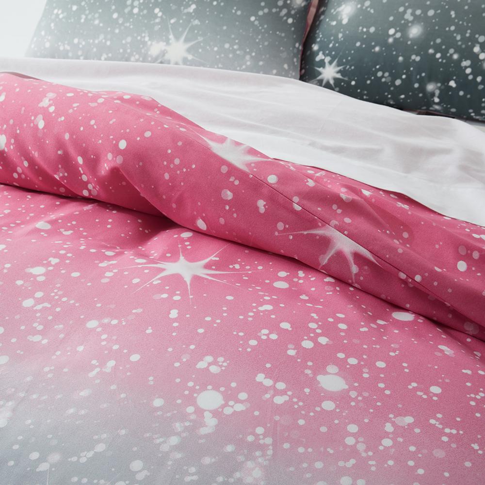 Girly Galaxy Duvet Cover,Reversible Dreamy Pink Grey Gradient Comforter Cover,Watercolor Starry Sky Glittering Stars Bedding Set
