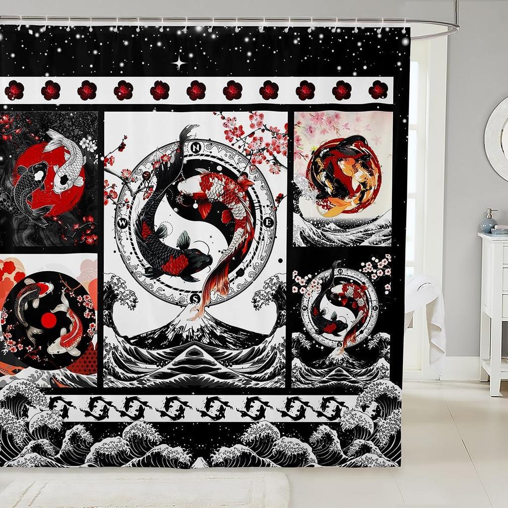 Kids Japanese Geisha Shower Curtain Boys Girls Cherry Blossoms Bathroom Shower Curtain Set Japanese Style Bath Curtain