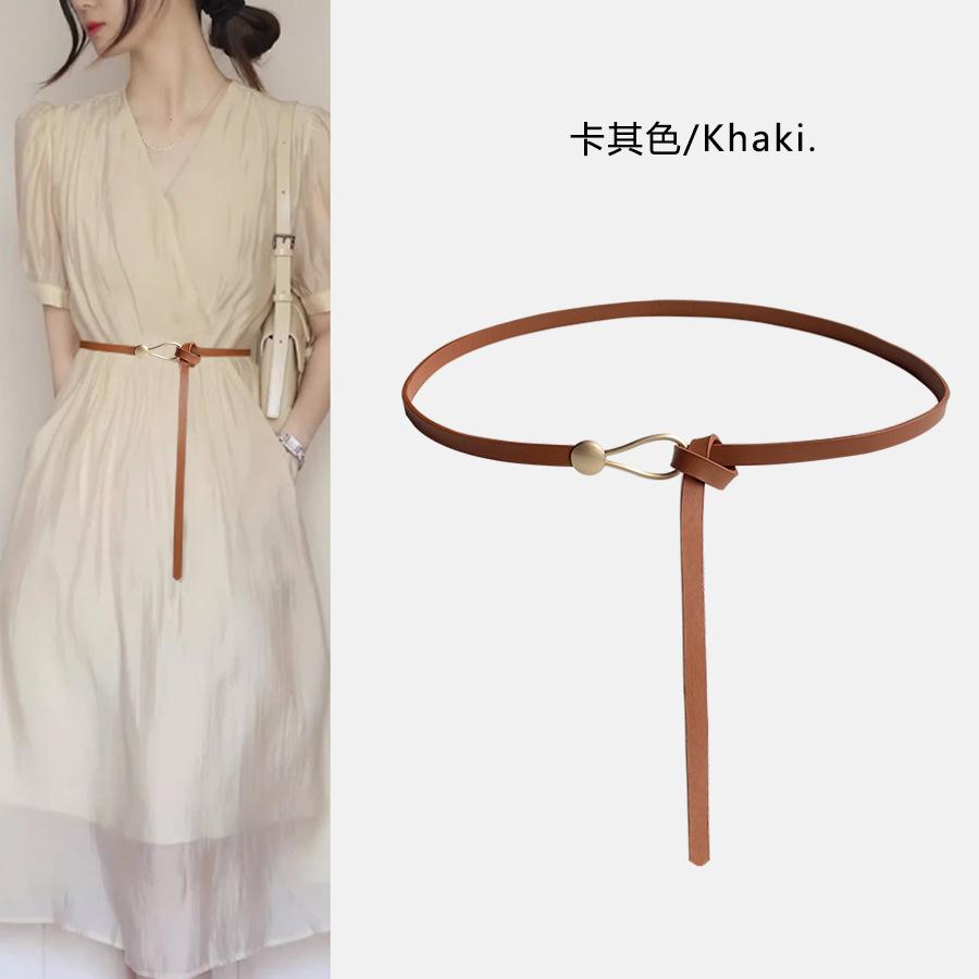 1Pc Women's Cowhide Thin Belt Knotted Decorative Versatile Dress Narrow Non-porous Small Belt Thin Belt
