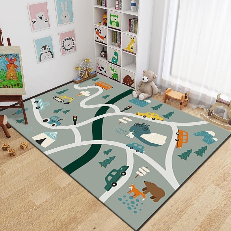 Kids City Road Play Rug Cartoon Train Car Print Non-Slip Play Area Rug Fun Educational Traffic Themed Floor Mat for Kids Bedroom
