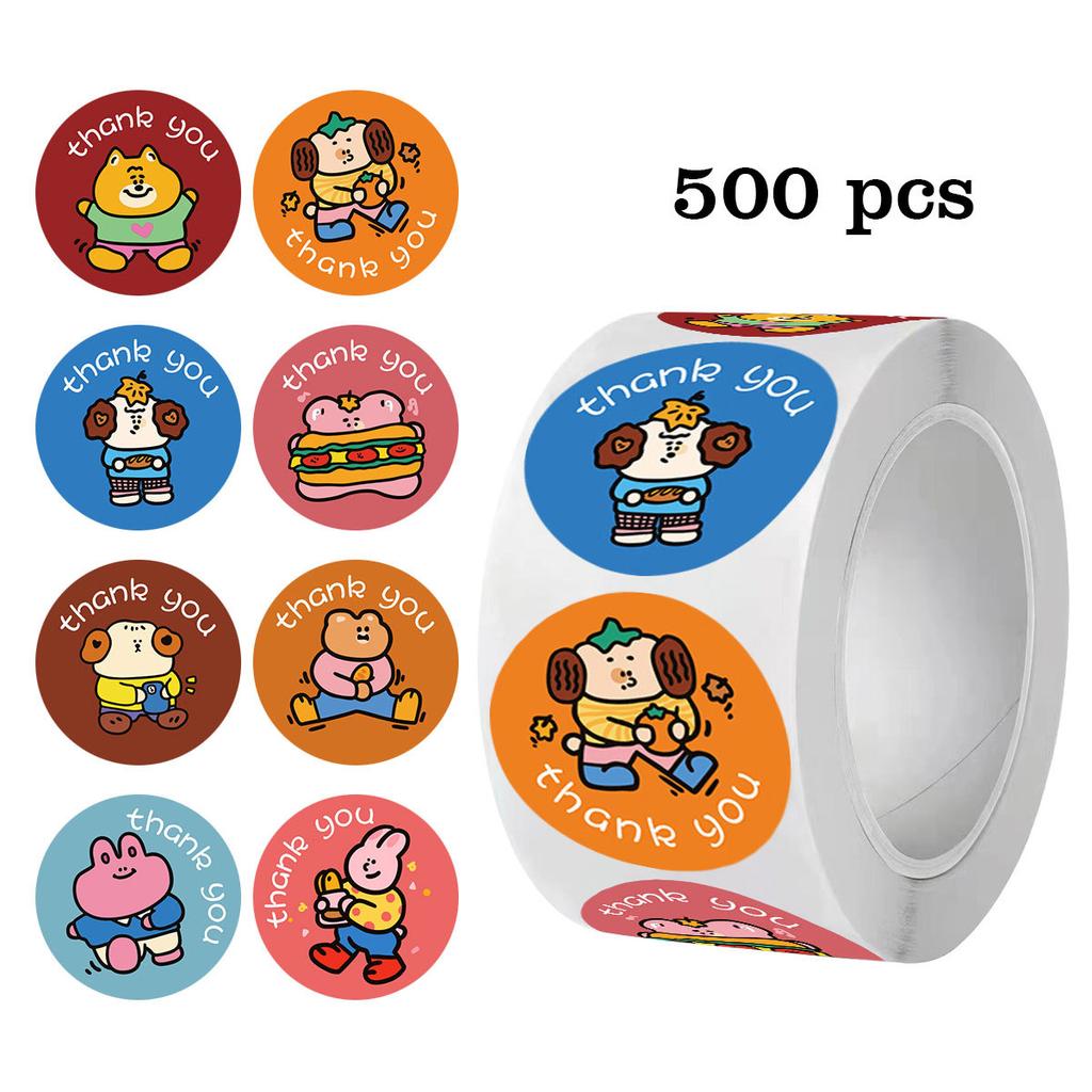 500pcs/roll Cartoon Animal Thank You Round Stickers Bear Puppy Adhesive Labels for Package Envelope Gift Sealing and Craft Decor