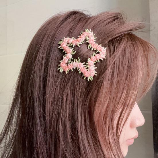 Hairpin Crocheted Pink Flower Decor Star Heart Design Firm Non-Slip Clip Bangs Side Hair Clip Party Hair Accessories