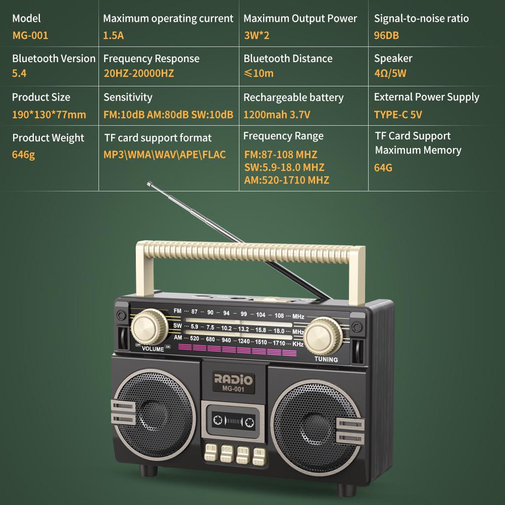 Retro Multifunktionales Tragbares Radio USB-Laden TF-Kartenplayer und AUX, AM/FM/SW-Bänder, Geeignet für Familientreffen und Outdoor