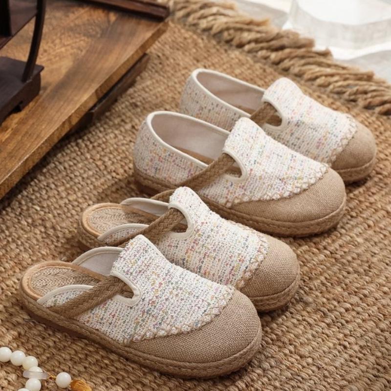 Rustic Chiffon Linen Old Beijing Cloth Shoes for Women, Student Canvas Shoes, Breathable Fisherman Half Slippers, Slip-On Style