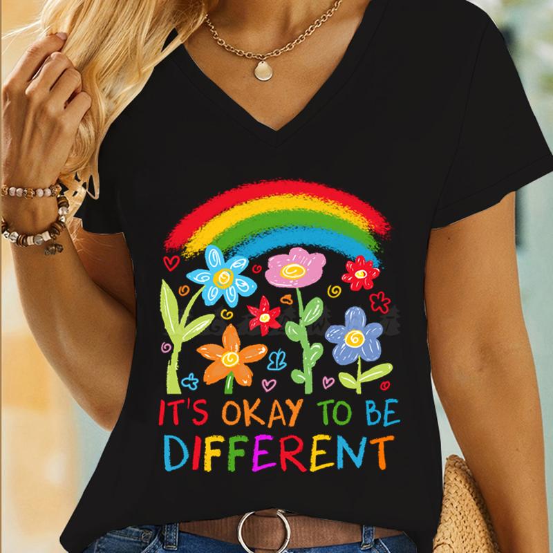 Regenbogen Neurodiversität T-Shirt Es ist Okay Anders zu Sein Süße Blumenhemden Design Autismus Bewusstsein T-Shirt Autismus Mama Retro T-Shirts