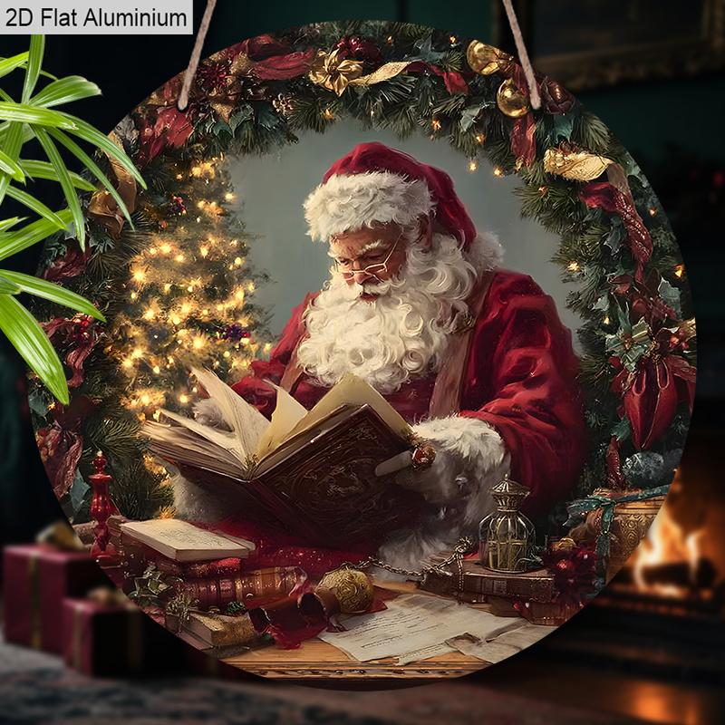 2D Flat Aluminium Christmas Sign with Santa Claus Pattern - Navidad Figurine Ornaments - Ideal for Front Door, Wall, Porch, Fence Decor - Ideal