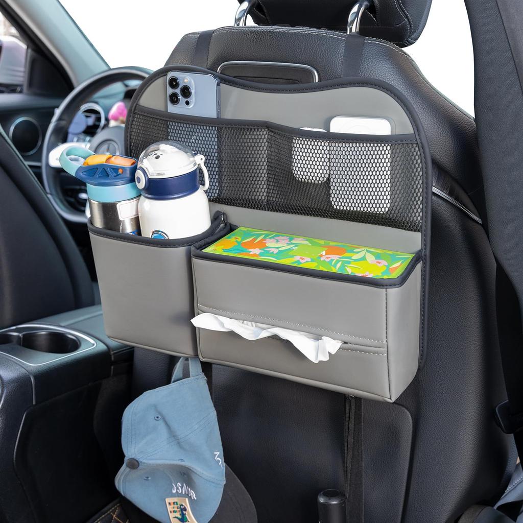 Sancaral Autositzrücken für hintere Aufbewahrungstasche mit Getränke-Taschentuch und Kopfstütze für Reise-Tasche, Leder, Sitze, Halter, Box, Haken, Halterung, Im Auto