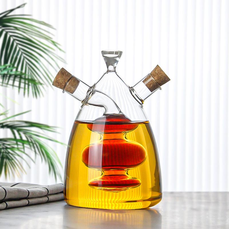 Double-layer Glass Oil Jug 2-in-1 Oil Vinegar Bottle Home Creative Double-mouth Cork Shaped Glass Oil Jug Kitchen Seasoning Tool