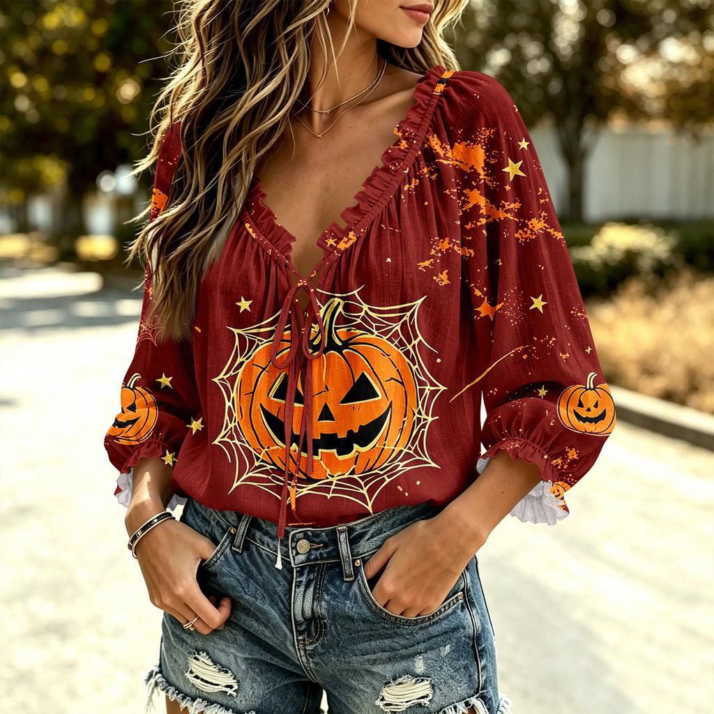 Women's Halloween Print V-Neck Ruffle Blouse with Tie Front and for Party